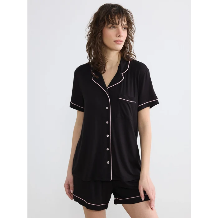LCW DREAM Siyah Gömlek Yaka Kadın Şortlu Pijama Takımı