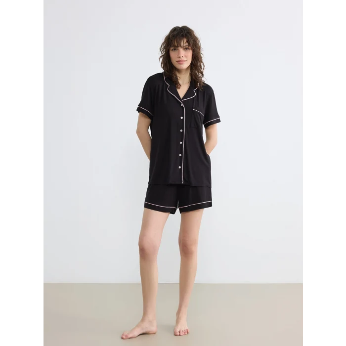 LCW DREAM Siyah Gömlek Yaka Kadın Şortlu Pijama Takımı