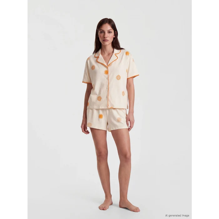 LCW DREAM Ekru Güneş Desenli Kadın Şortlu Pijama Takımı