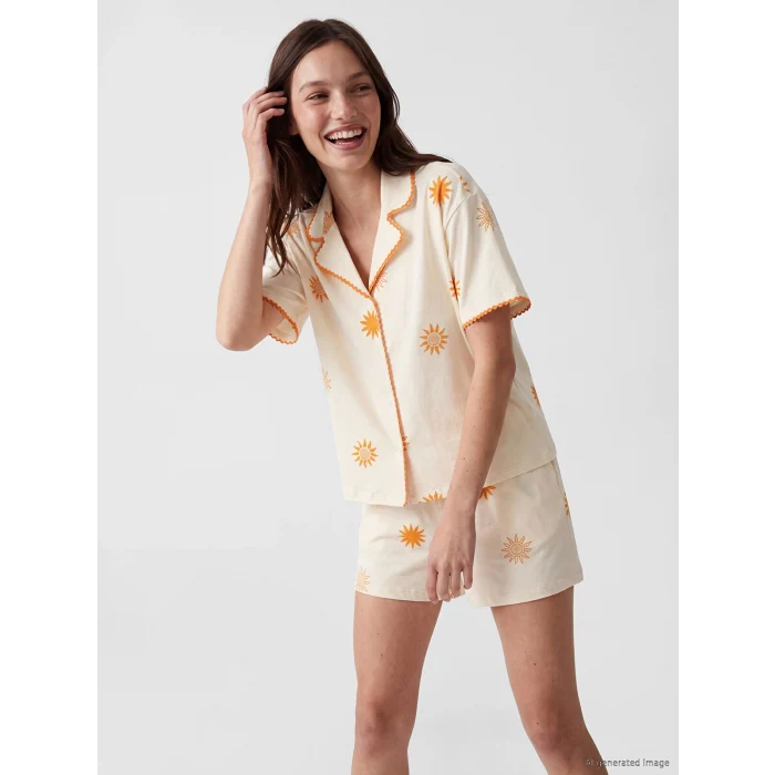 LCW DREAM Ekru Güneş Desenli Kadın Şortlu Pijama Takımı