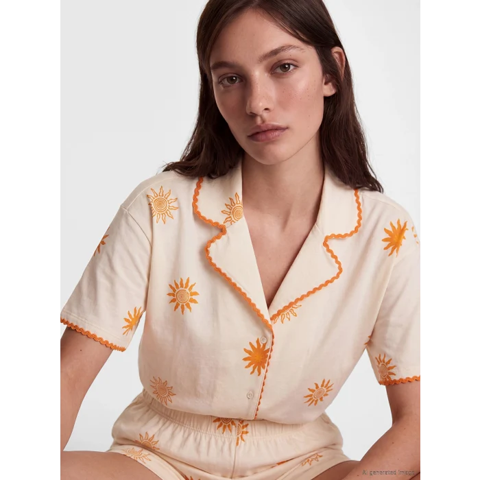 LCW DREAM Ekru Güneş Desenli Kadın Şortlu Pijama Takımı