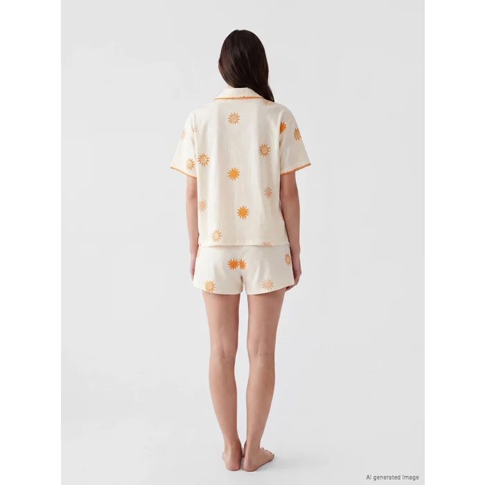 LCW DREAM Ekru Güneş Desenli Kadın Şortlu Pijama Takımı