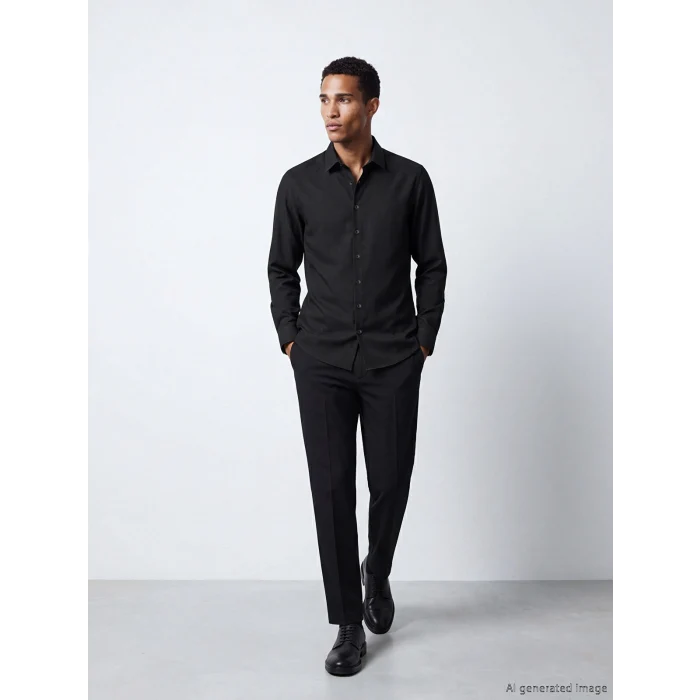 LCW BUSINESS Siyah Slim Fit Uzun Kollu Armürlü Erkek Gömlek