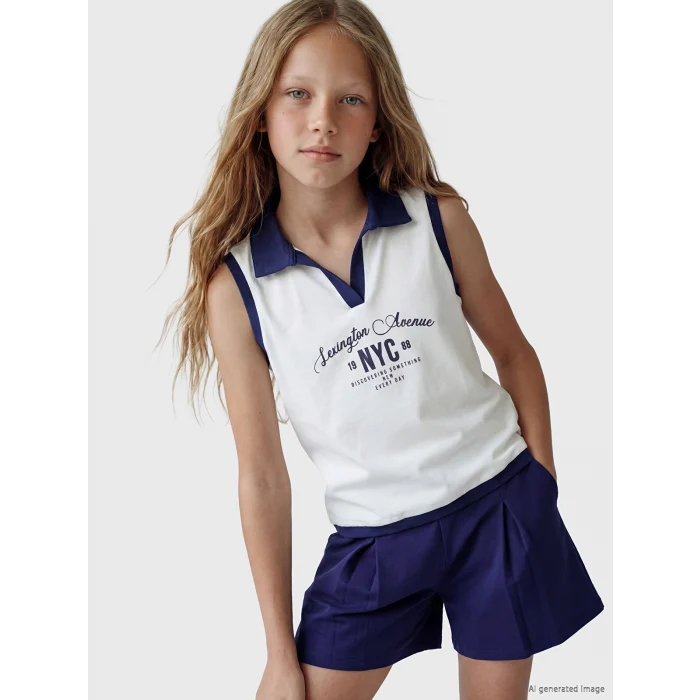 LCW Kids Beyaz Polo Yaka NYC Baskılı Kız Çocuk Atlet