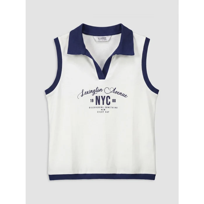 LCW Kids Beyaz Polo Yaka NYC Baskılı Kız Çocuk Atlet