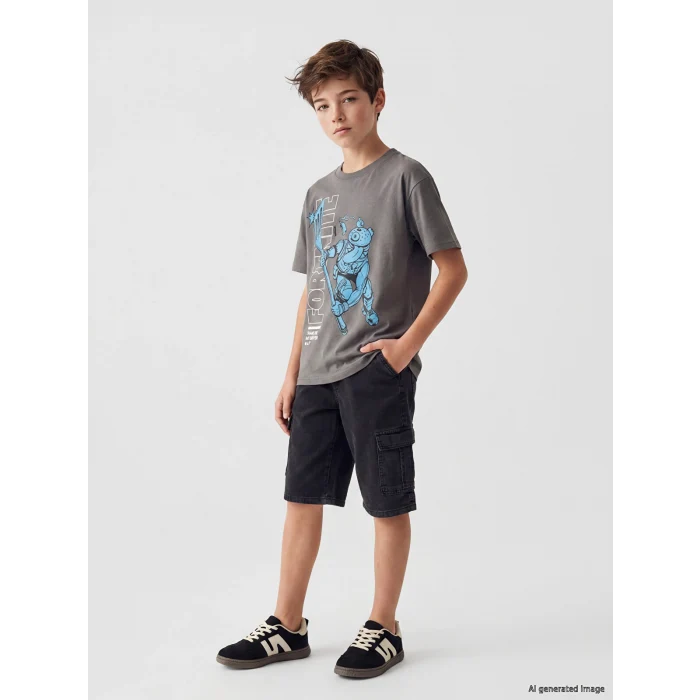 LCW Kids Gri Bisiklet Yaka Baskılı Erkek Çocuk Tişört