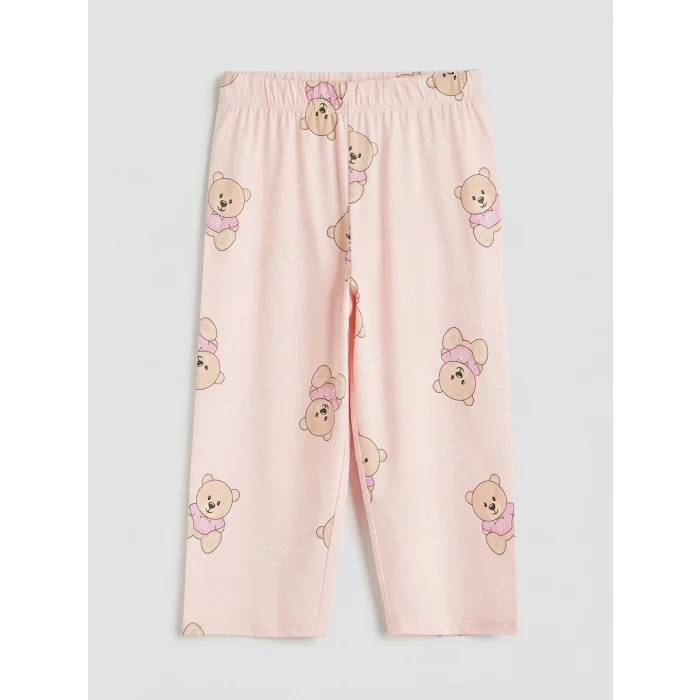 LCW Kids Ekru Ayı Teddy Baskılı Kız Çocuk Kaprili Pijama Takımı