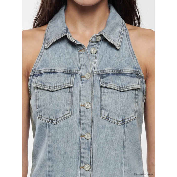 LCW Vision İndigo Gömlek Yaka Mini Jean Elbise