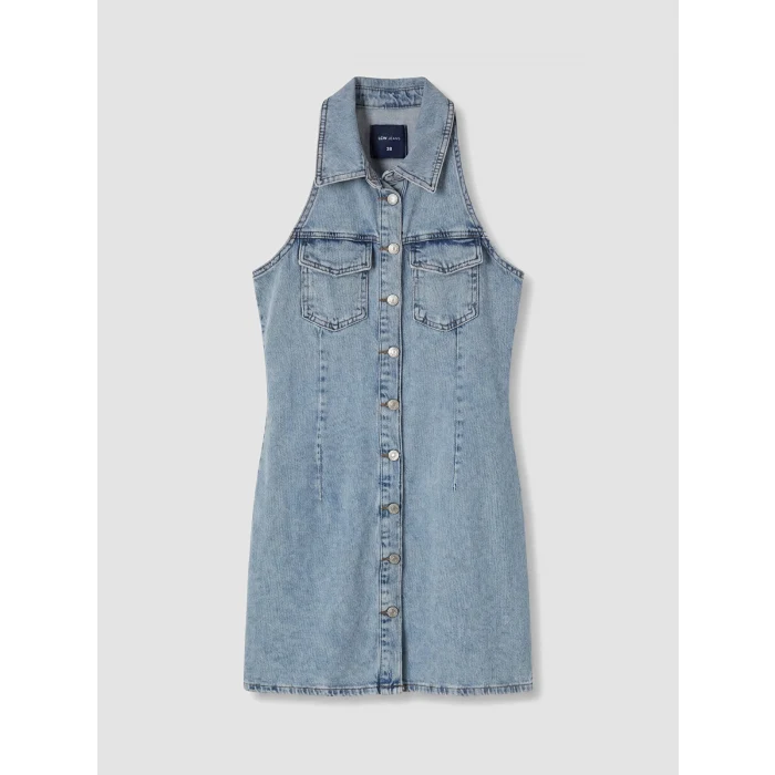 LCW Vision İndigo Gömlek Yaka Mini Jean Elbise