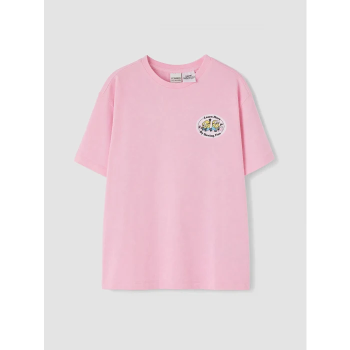 LCW Kids Pembe Bisiklet Yaka Minions Baskılı Kız Çocuk Tişört