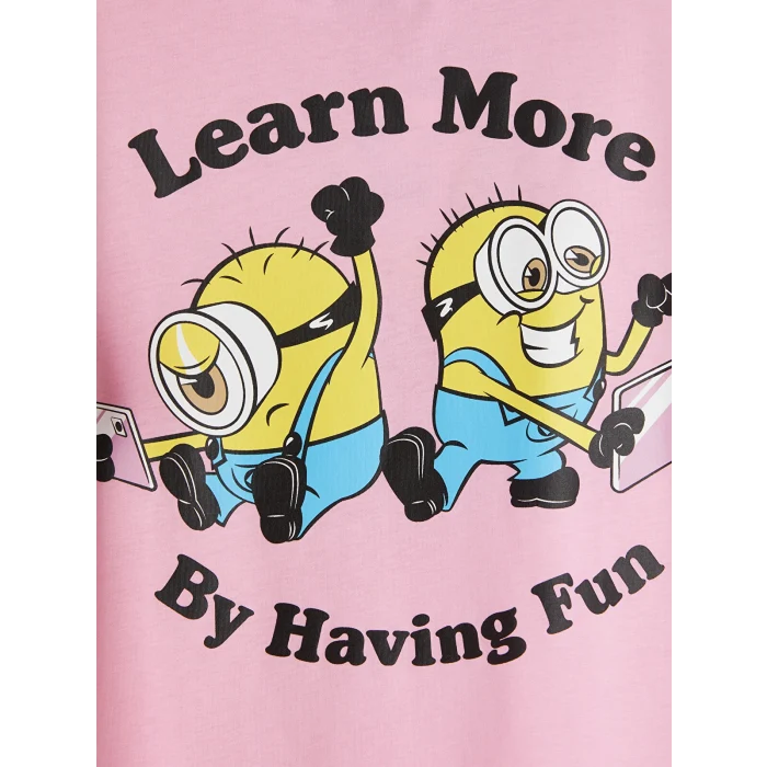 LCW Kids Pembe Bisiklet Yaka Minions Baskılı Kız Çocuk Tişört