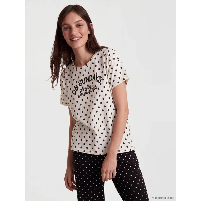 LCW DREAM Siyah Bisiklet Yaka Puantiyeli Kadın Pijama Takım