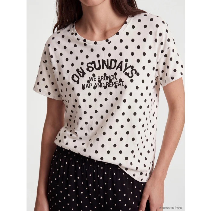 LCW DREAM Siyah Bisiklet Yaka Puantiyeli Kadın Pijama Takım