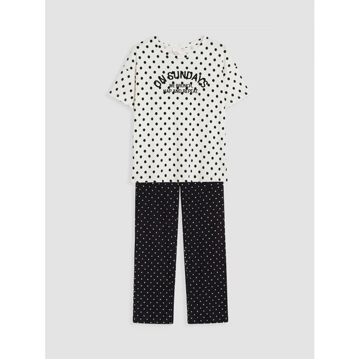 LCW DREAM Siyah Bisiklet Yaka Puantiyeli Kadın Pijama Takım