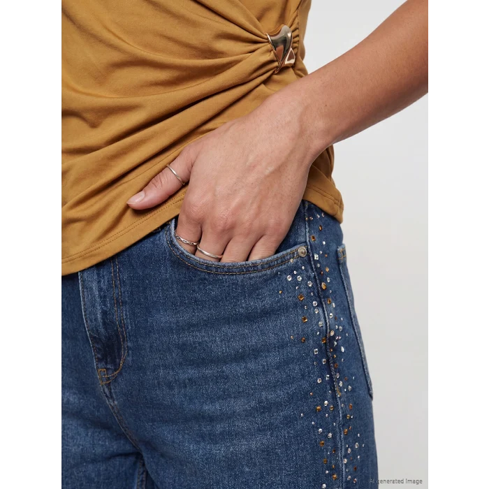 LCW Jeans İndigo Straight Fit Taşlı Kadın Jean Pantolon