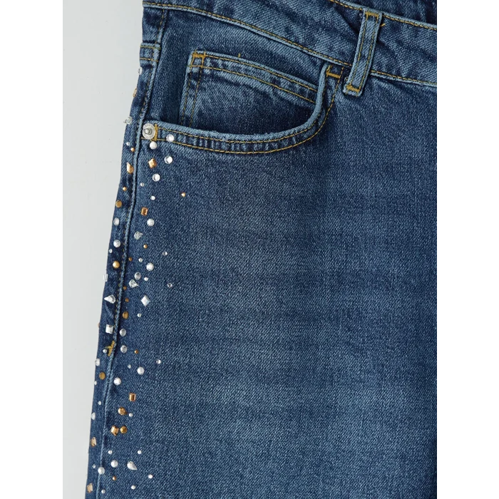 LCW Jeans İndigo Straight Fit Taşlı Kadın Jean Pantolon