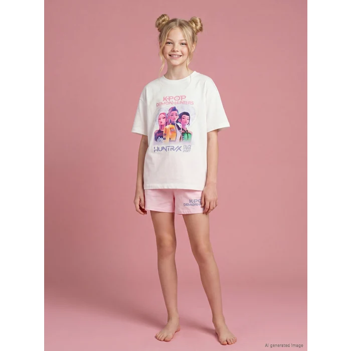 LCW Kids Ekru K-pop Demon Hunters Baskılı Kız Çocuk Şortlu Pijama Takım
