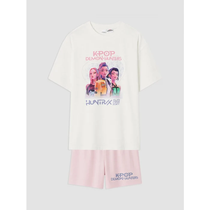 LCW Kids Ekru K-pop Demon Hunters Baskılı Kız Çocuk Şortlu Pijama Takım