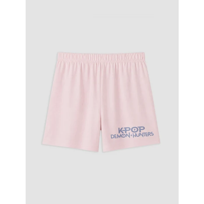 LCW Kids Ekru K-pop Demon Hunters Baskılı Kız Çocuk Şortlu Pijama Takım