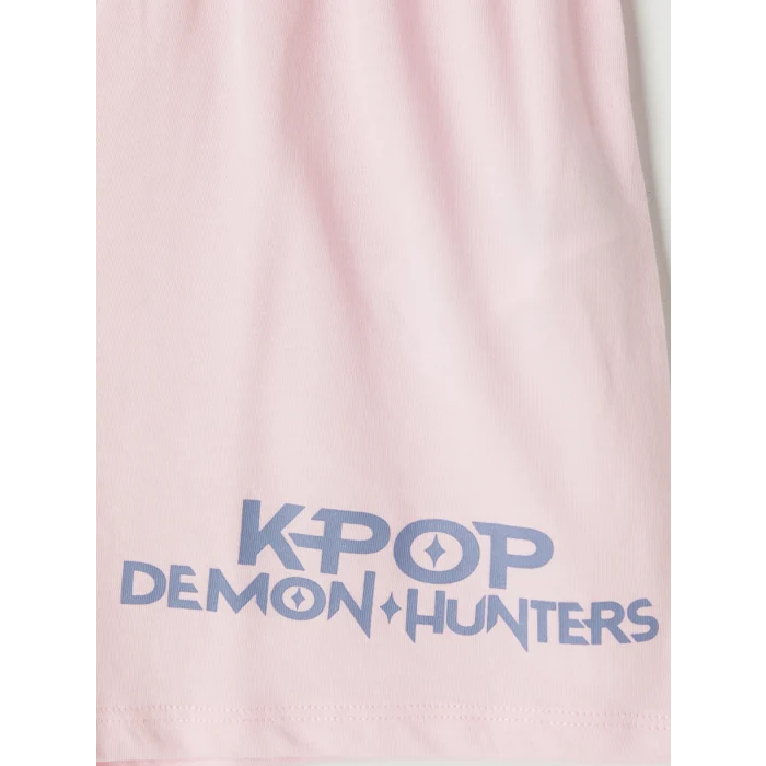 LCW Kids Ekru K-pop Demon Hunters Baskılı Kız Çocuk Şortlu Pijama Takım