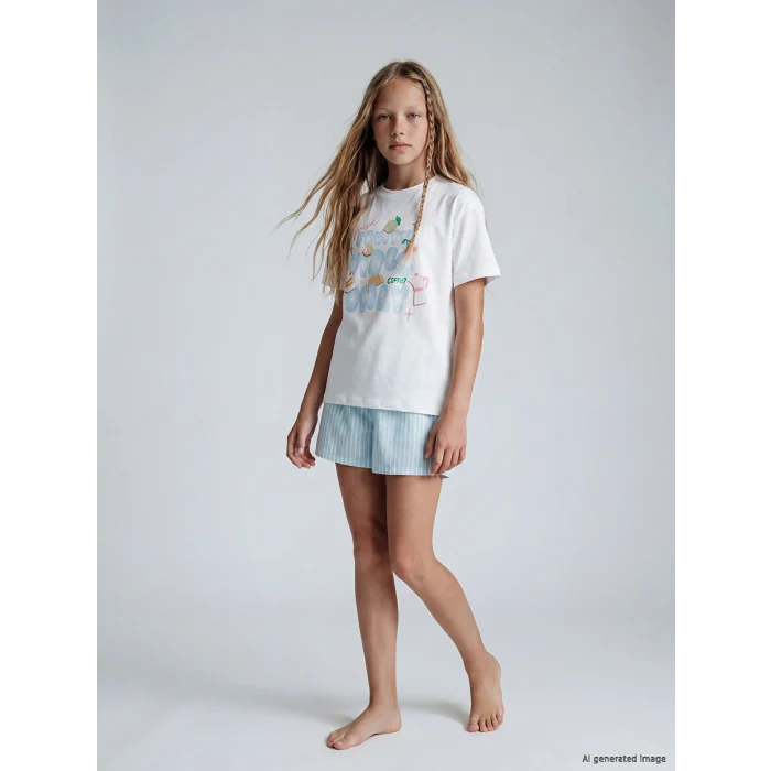LCW Kids Ekru Kız Çocuk Baskılı Şortlu Pijama Takım