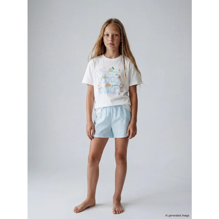LCW Kids Ekru Kız Çocuk Baskılı Şortlu Pijama Takım