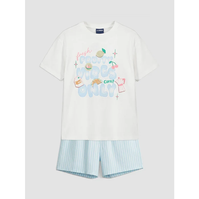 LCW Kids Ekru Kız Çocuk Baskılı Şortlu Pijama Takım