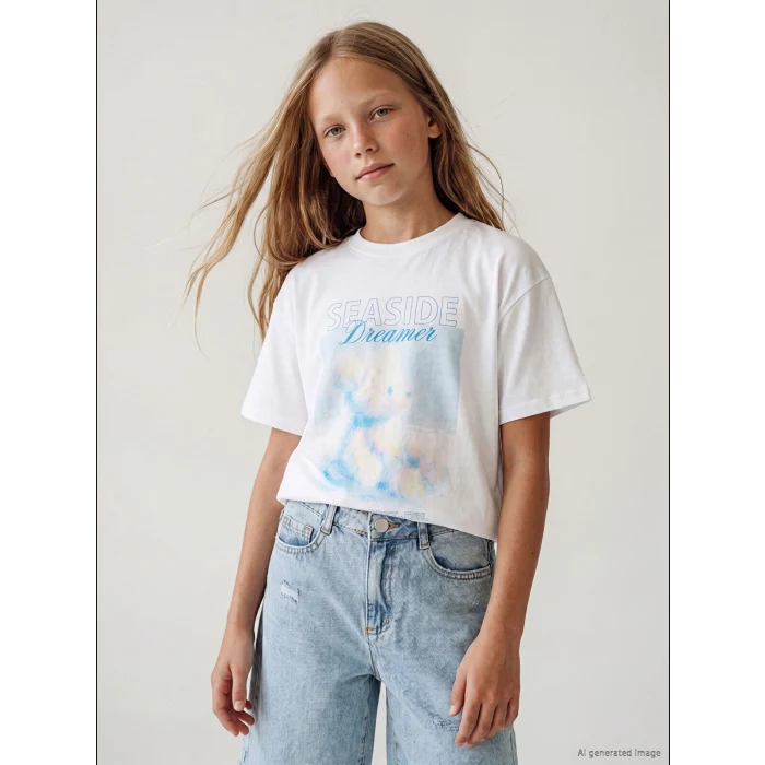 LCW Kids Beyaz Kısa Kollu Bisiklet Yaka Baskılı Kız Çocuk Tişört