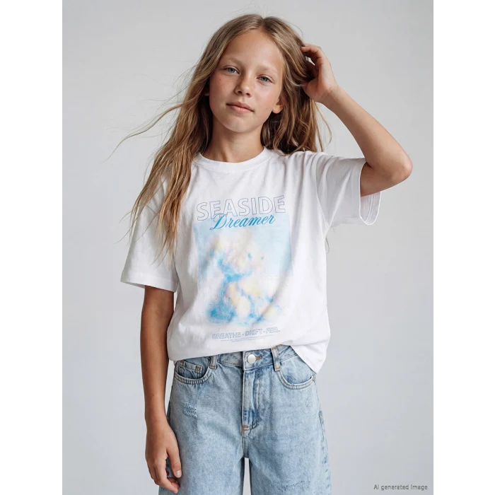 LCW Kids Beyaz Kısa Kollu Bisiklet Yaka Baskılı Kız Çocuk Tişört