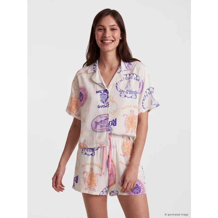LCW DREAM Bej Gömlek Yaka Desenli Kadın Şortlu Pijama Takımı