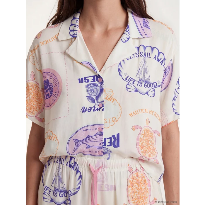 LCW DREAM Bej Gömlek Yaka Desenli Kadın Şortlu Pijama Takımı
