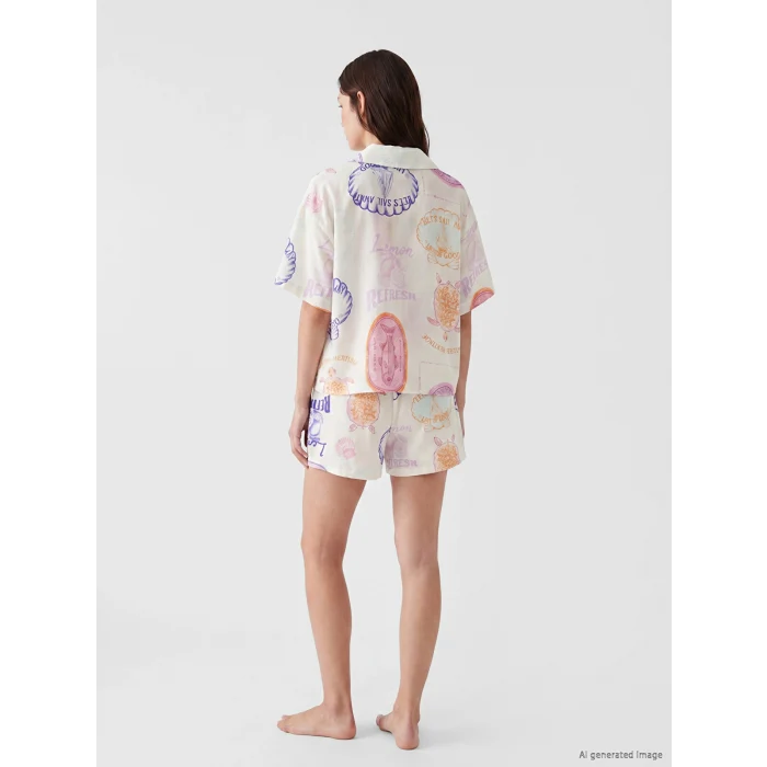 LCW DREAM Bej Gömlek Yaka Desenli Kadın Şortlu Pijama Takımı
