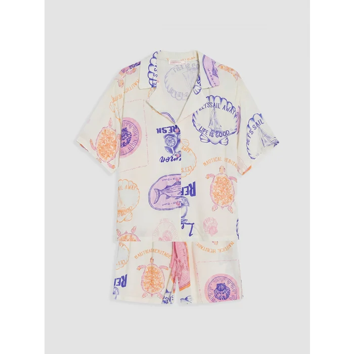 LCW DREAM Bej Gömlek Yaka Desenli Kadın Şortlu Pijama Takımı