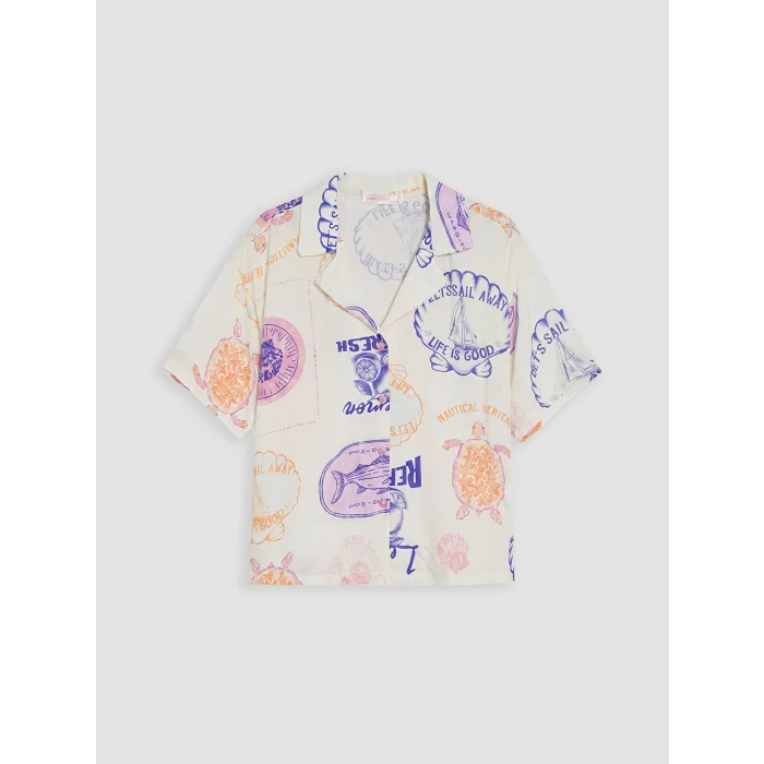 LCW DREAM Bej Gömlek Yaka Desenli Kadın Şortlu Pijama Takımı
