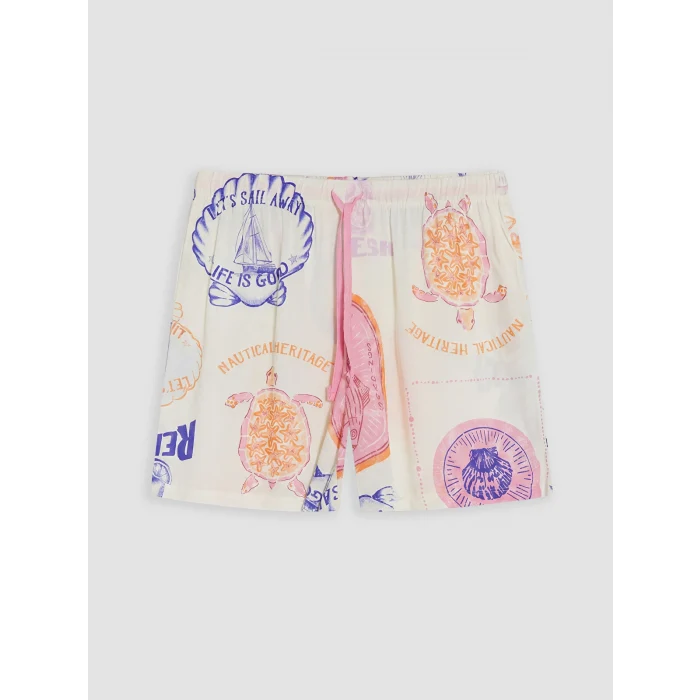LCW DREAM Bej Gömlek Yaka Desenli Kadın Şortlu Pijama Takımı