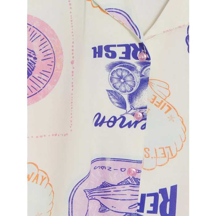 LCW DREAM Bej Gömlek Yaka Desenli Kadın Şortlu Pijama Takımı