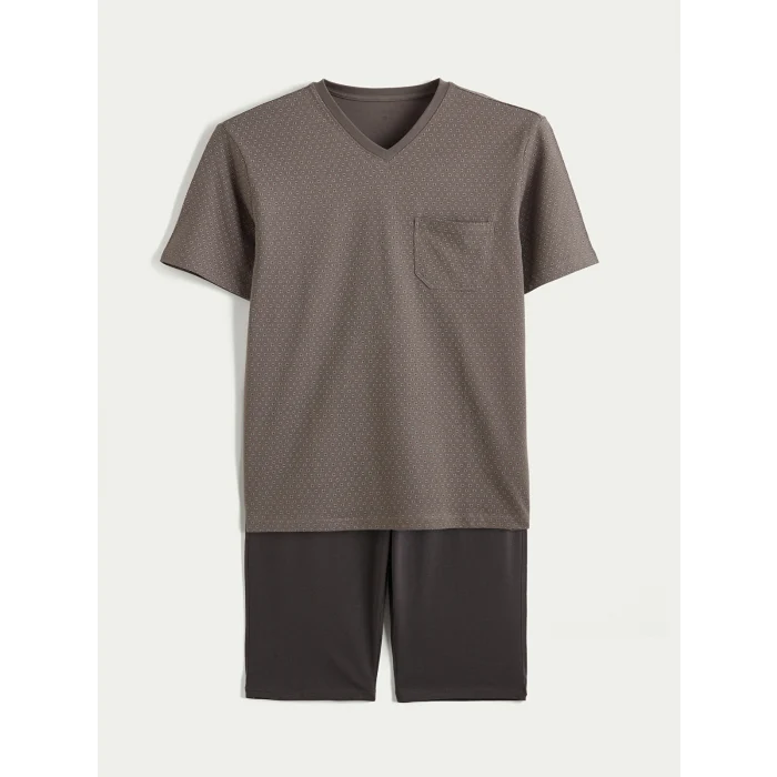 LC WAIKIKI Gri V Yaka Baskılı Erkek Şortlu Pijama Takımı