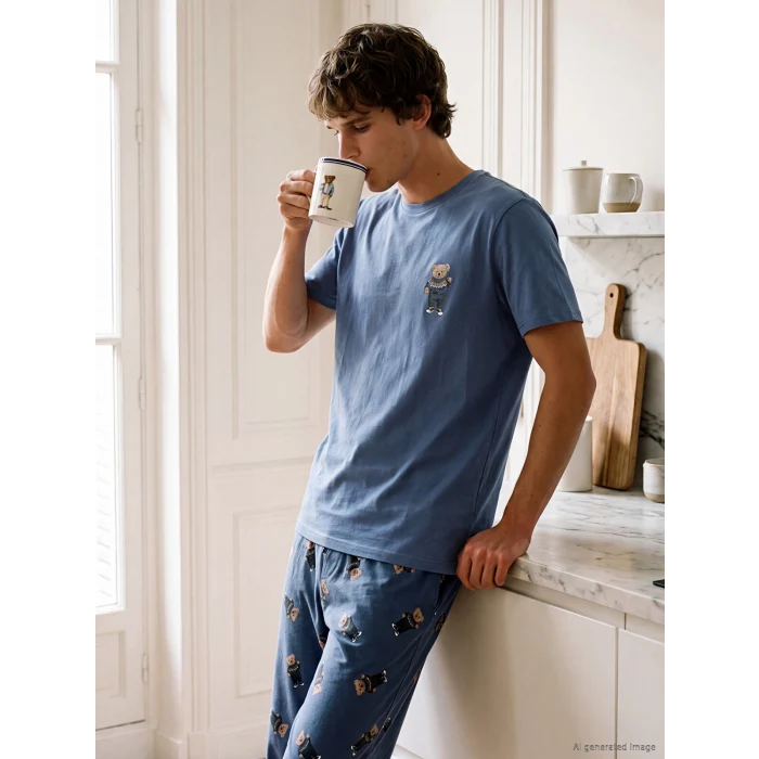 LC WAIKIKI İndigo Regular Fit Baskılı Erkek Pijama Takım