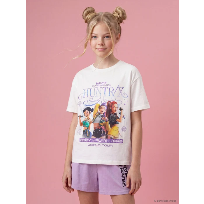 LCW Kids Beyaz K-pop Demon Hunters Baskılı Kız Çocuk Tişört