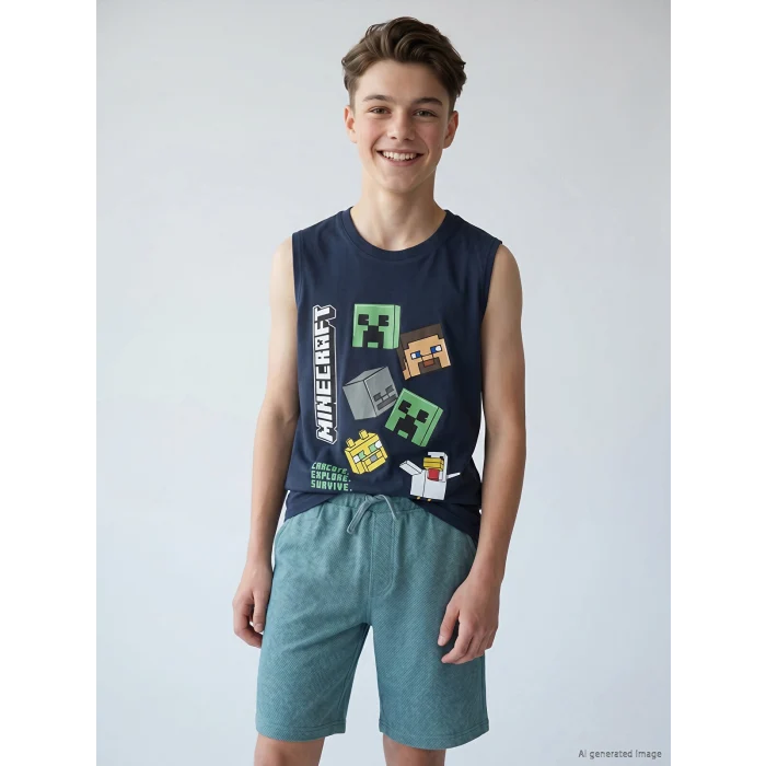 LCW Kids Lacivert Bisiklet Yaka Minecraft Baskılı Erkek Çocuk Atlet