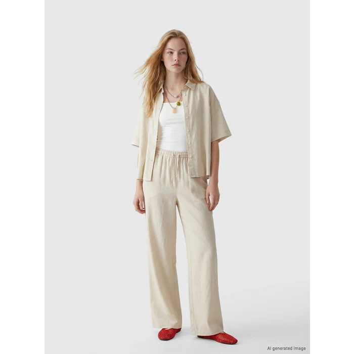 XSIDE Bej Oversize Keten Karışımlı Kadın Gömlek