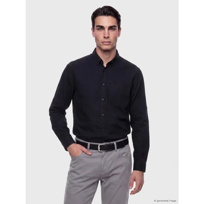 LCWAIKIKI Classic Siyah Regular Fit Keten Karışımlı Erkek Gömlek