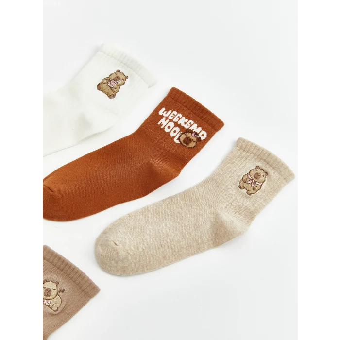 LCW Kids Kahverengi Nakışlı Kız Çocuk Soket Çorap 5li