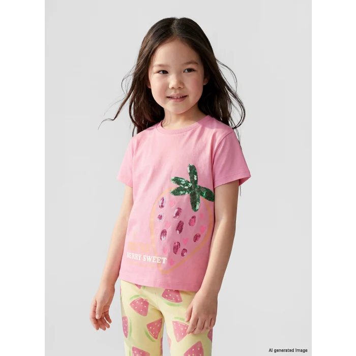 LCW Kids Pembe Bisiklet Yaka Payet İşlemeli Kız Çocuk Tişört
