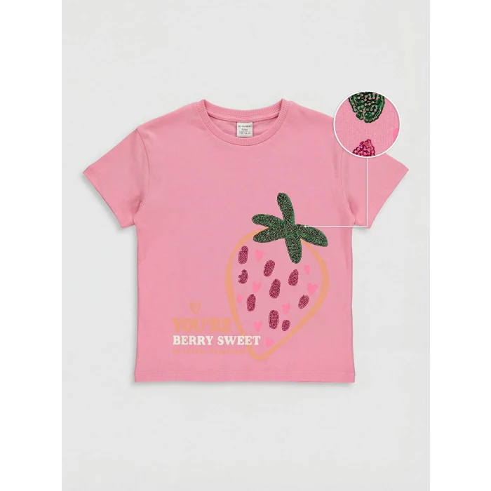 LCW Kids Pembe Bisiklet Yaka Payet İşlemeli Kız Çocuk Tişört