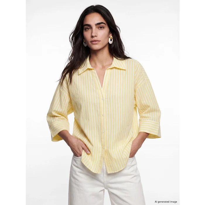 LCW Vision Sarı Çizgili Oversize Poplin Kadın Gömlek