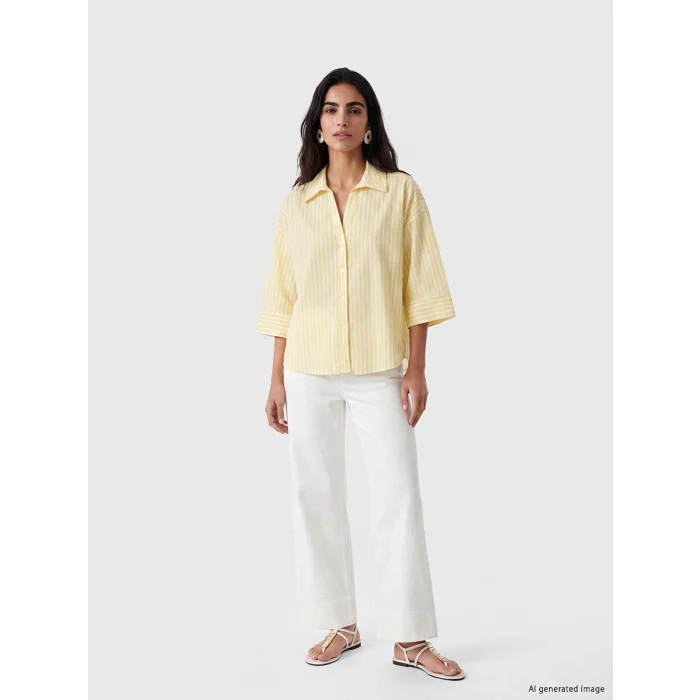 LCW Vision Sarı Çizgili Oversize Poplin Kadın Gömlek