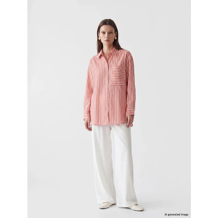 LCW Modest Pembe Çizgili Oversize Kadın Gömlek Tunik