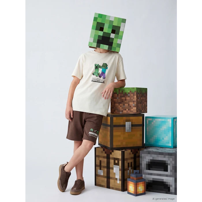 LCW Kids Bej Minecraft Baskılı Erkek Çocuk Şortlu Takım