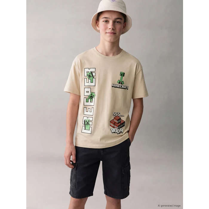 LCW Kids Bej Bisiklet Yaka Minecraft Baskılı Erkek Çocuk Tişört